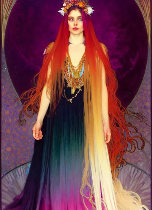 Image similar to ombre velvet gown, feathers, vivid colors, lovely dark autumn princess, portrait, long hair, tiara, jeweled choker, by alphonse mucha, brom, greg rutkowski, anato finnstark