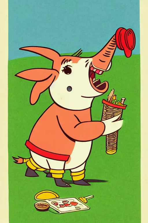 Image similar to by richard scarry. happy donkey eating a leg. a 1 9 5 0 s retro illustration. studio ghibli. muted colors, detailed