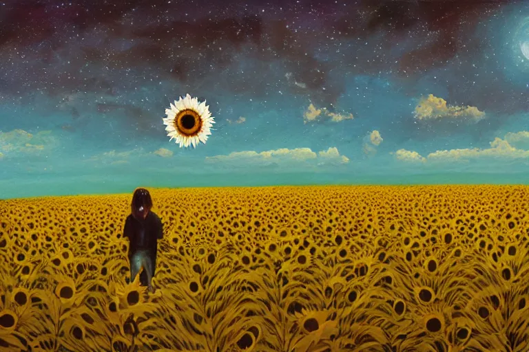 Image similar to giant sunflower as a head, girl walking in wheat field, hills, surreal photography, dark night, star trails, dramatic light, impressionist painting, clouds, digital painting, artstation, simon stalenhag