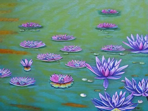 Prompt: A beautiful painting of a waterlily pond in the style of Persian Carpet