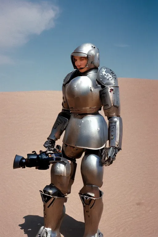 Prompt: Kodak portra 160, 8K, highly detailed, portrait,focus on retrofuturistic steel armor: famous mecha in high budget joan of arc movie remake, epic desert scene