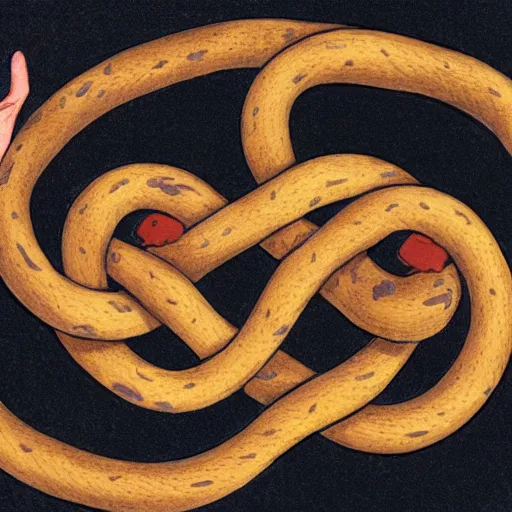 Image similar to two long serpentine weasels whose bodies are tied in a pretzel knot, storybook illustration