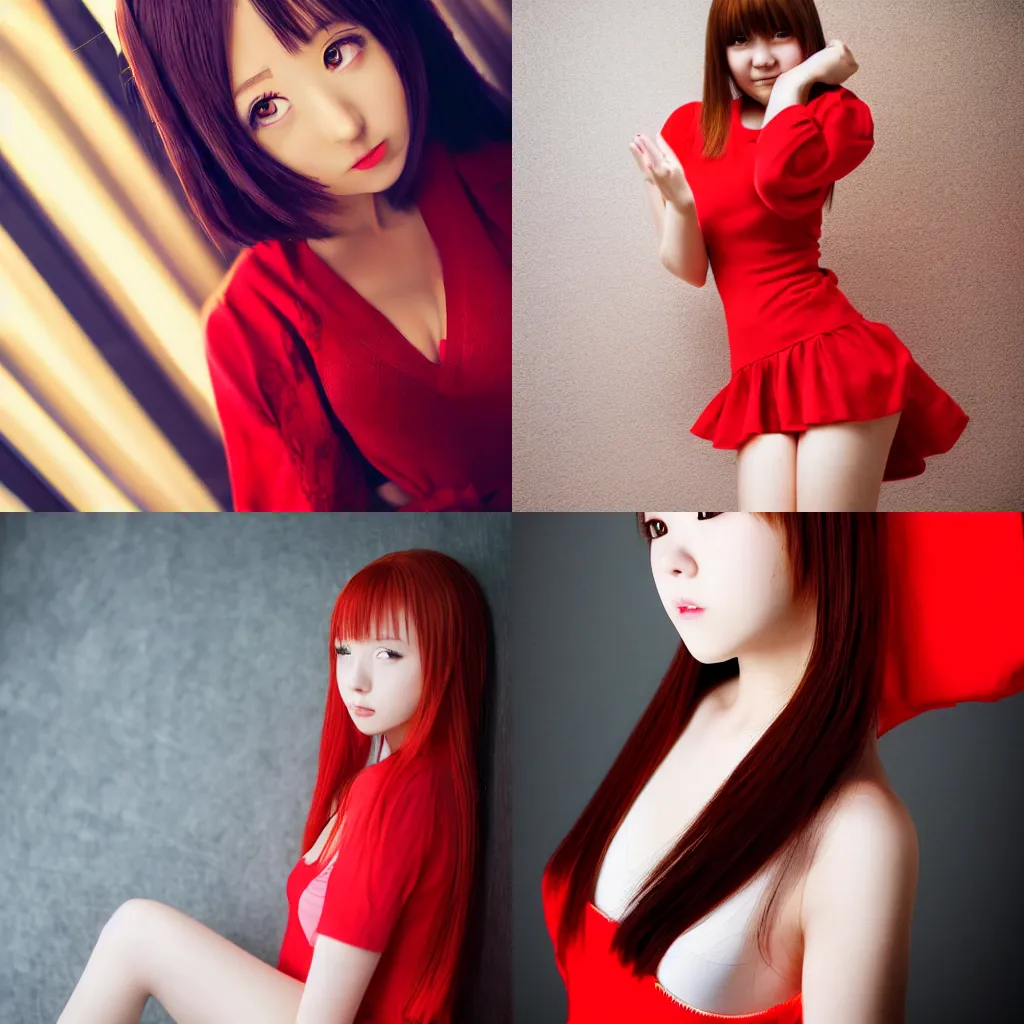 Prompt: cute anime girl, 20yo, red ress, high detail, studio, sharp, yellow light,