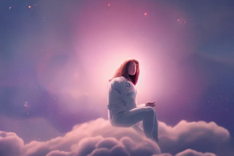 Prompt: a cute astronaut girl sitting on a cloud relaxing, misty, digital art, hazy, foggy, red lighting, ambient lighting, 8 k,