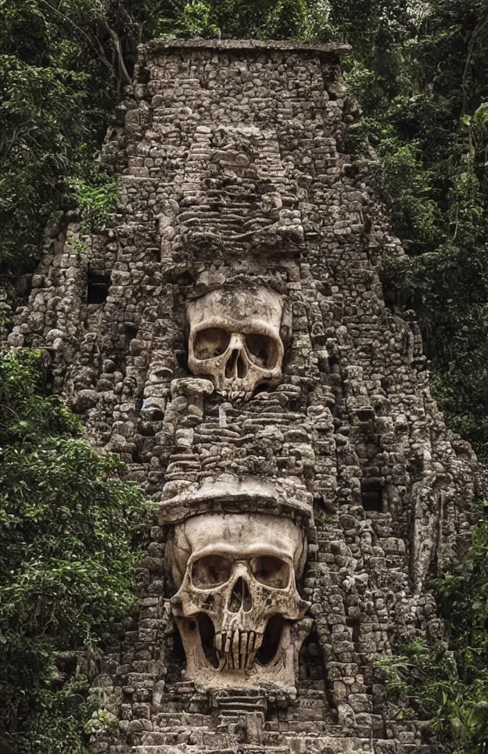 Prompt: mayan temple in form of punisher skull. background jungle