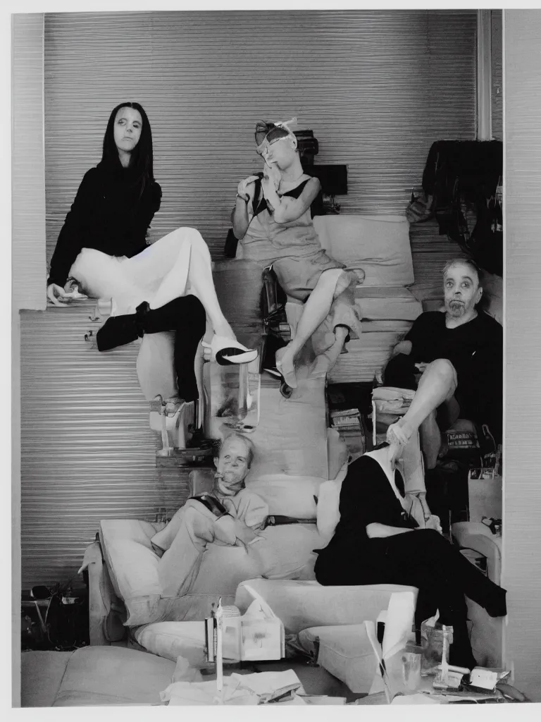 Image similar to Kathy Acker and Alan Sondheim sitting on a sofa in front of a office metal shutter. In front of them a table with blue video tapes