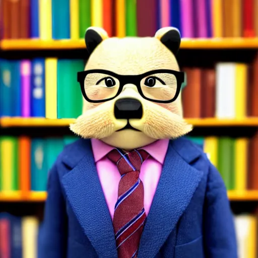 Prompt: A dignified beaver wearing glasses, a vest, and colorful neck tie. He stands next to a tall stack of books in a library. dslr photo.