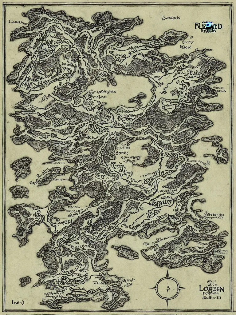 Prompt: old fantasy map of a frozen region with a abandoned mine drawn by j. r. r. tolkien