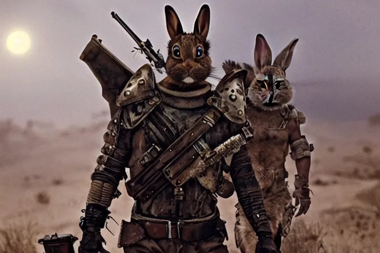 Image similar to a good ol'rabbit fursona ( from the furry fandom ), heavily armed and armored facing down armageddon in a dark and gritty version from the makers of mad max : fury road. witness me.