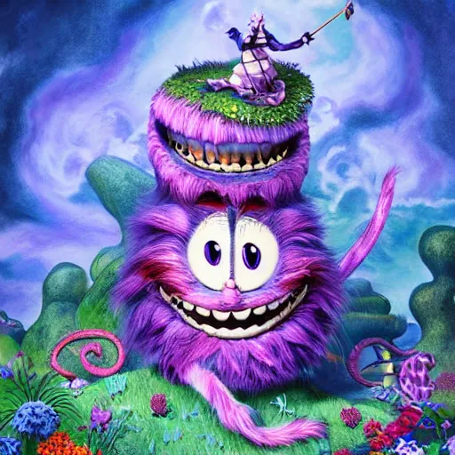 Prompt: the cheshire cat grinning, alice in wonderland, pixar, highly detailed intricate painting