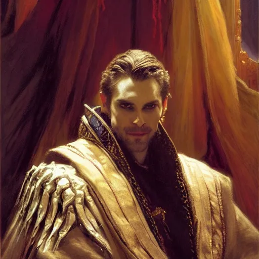 Image similar to perfectly centered portrait of attractive vampire king in a robe sitting on a throne of bones, highly detailed painting by gaston bussiere, craig mullins, j. c. leyendecker, 8 k