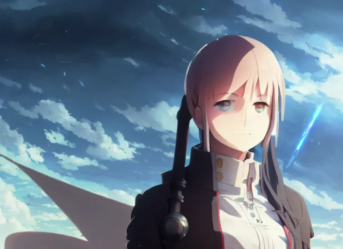 Prompt: portrait of inquisitor maria, azur sky landscape, helm of second world war warship in background, illustration concept art anime key visual trending pixiv fanbox by wlop and greg rutkowski and makoto shinkai and studio ghibli and kyoto animation, dark fantasy, symmetrical facial features, astral witch clothes, dieselpunk, gapmoe yandere grimdark, backlit