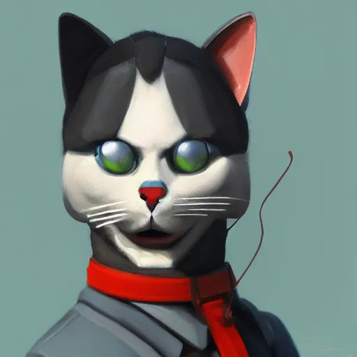 Prompt: Portrait painting of an anthropomorphic gray cat wearing as Soviet leader, as an Overwatch character, medium shot, asymmetrical, profile picture, Organic Painting, sunny day, Matte Painting, bold shapes, hard edges, street art, trending on artstation, by Sergey Kolesov