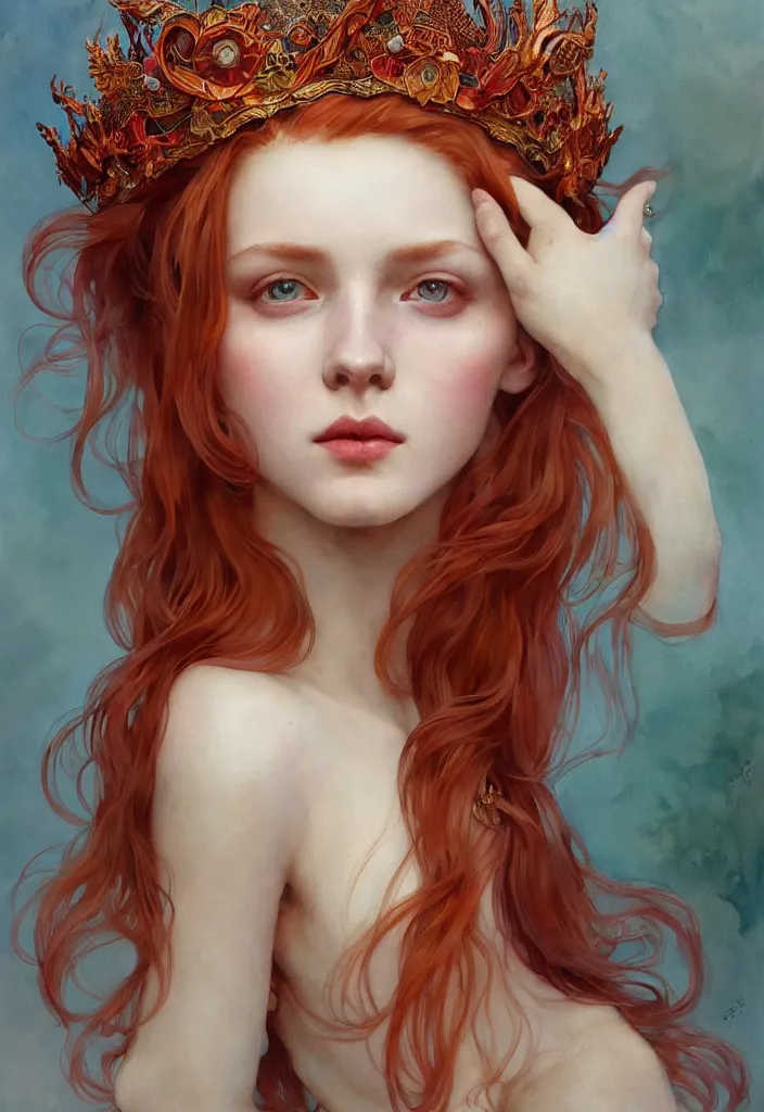 Prompt: beautiful watercolor painting of a young red hair woman wearing a crown completely made of fish, intricate, elegant, highly detailed, digital painting, artstation, concept art, smooth, sharp focus, art by krenz cushart and artem demura and alphonse mucha, dynamic lighting, ultrarealistic, cinematic, octane render, 8 k