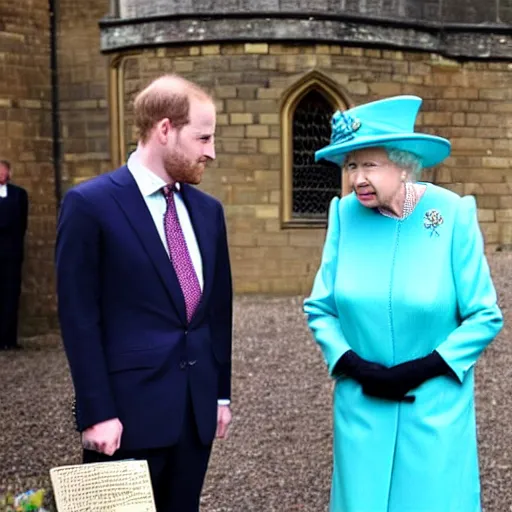 Image similar to queen elizabeth the second meeting an alien with three eyes at windsor castle, photos released by the sun uk