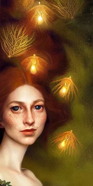 Image similar to young woman, smiling amazed of firefly lights, full covering intricate detailed dress, amidst nature, long red hair, precise linework, accurate green eyes, small nose with freckles, beautiful oval shape face, empathic, expressive emotions, dramatic lights, hyper realistic ultrafine art by artemisia gentileschi, jessica rossier, boris vallejo