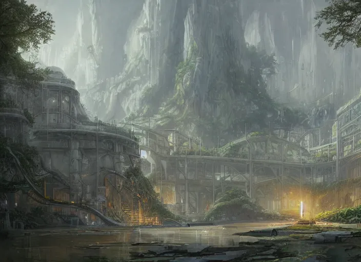 Image similar to Industrial Airship manufactory inside a beautiful elven city made of white marble, anime, lush trees, fountain, a fantasy digital painting by Greg Rutkowski and James Gurney, trending on Artstation, highly detailed