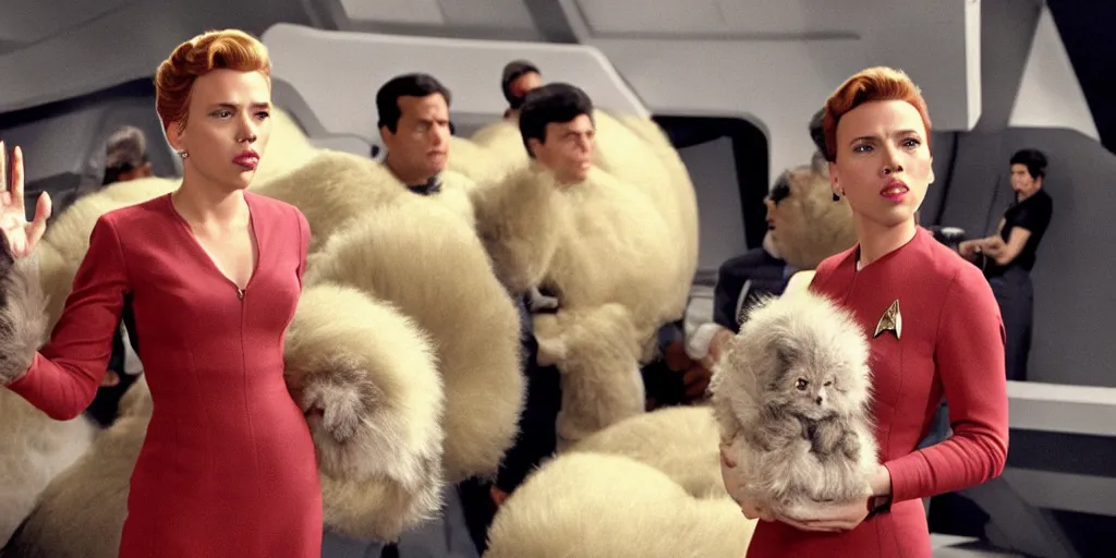 Image similar to Scarlett Johansson and Tribbles in a scene from Star Trek