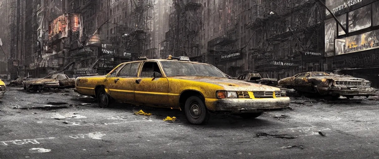 Prompt: A beautiful hyper realistic ultra detailed lifelike matte painting of a close-up front view shot of a scruffy Timber Wolf standing in the middle of a New York City street at night in an abandoned post-apocalyptic New York City with abandoned cars and yellow taxis on fire and crumbling buildings, unreal engine, deviantart, flickr, artstation, octane render, textured, colorful, extreme realistic detail, physically based rendering, pbr render, very detailed, volumetric lighting, detailed lighting, octane render, 4k, cinematic lighting, 8k resolution