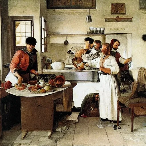 Prompt: Dramatic renaissance scene of cooking in the kitchen, by Greg Rutkowksi and Ilya Repin