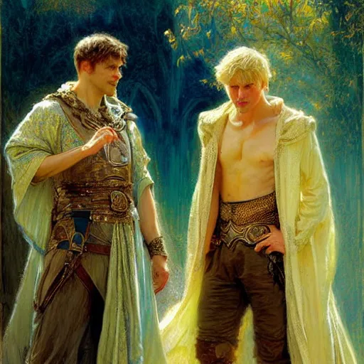 Image similar to attractive arthur pendragon with attractive male merlin the mage. they are in love. highly detailed painting by gaston bussiere, craig mullins, j. c. leyendecker