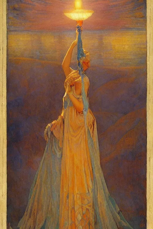 Image similar to queen of the fog with her lantern by Annie Swynnerton and Nicholas Roerich and jean delville, strong dramatic cinematic lighting , ornate headdress , lost civilizations, smooth, sharp focus, extremely detailed