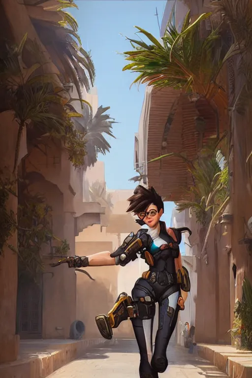 Image similar to portrait of tracer from overwatch travels in marrakech streets, morocco, palm trees, mosque, highly detailed, digital painting, artstation, concept art, smooth, sharp focus, illustration, art by artgerm and greg rutkowski and alphonse mucha