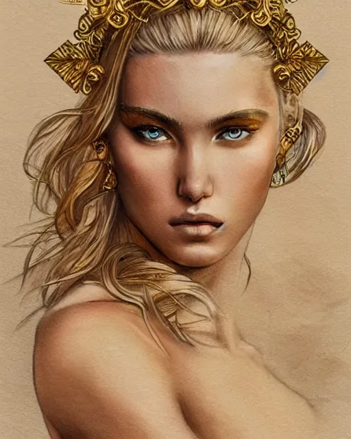 Image similar to tattoo sketch of blonde super model aphrodite greek goddess wearing a gold laurel wreath and triangle earrings, beautiful piercing gaze with sharp pupils, in the style of greg rutkowski, fantasy, amazing detail, epic, elegant, smooth, sharp focus, front view