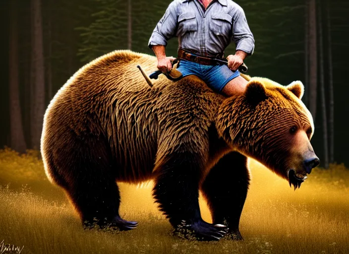 Prompt: portrait photo of chuck norris riding his grizzly bear to work at dawn. fantasy magic style. highly detailed 8 k. intricate. lifelike. soft light. sony a 7 r iv 5 5 mm. cinematic post - processing.