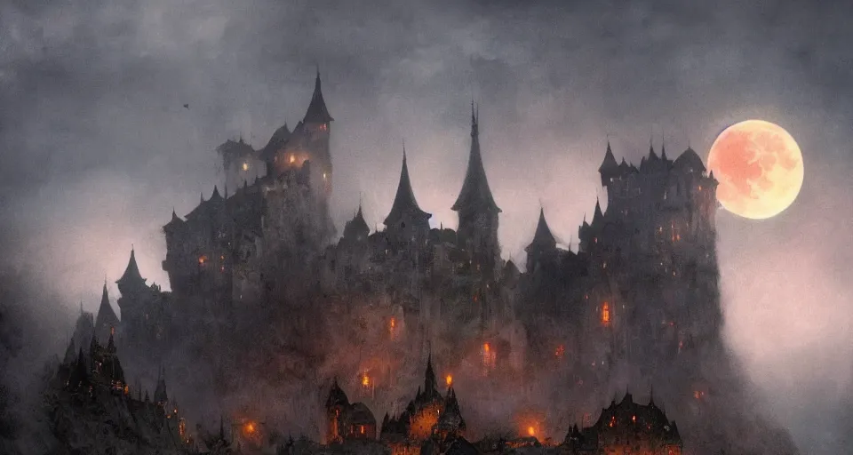 dracula's castle rising up from the mist at night | Stable Diffusion |  OpenArt