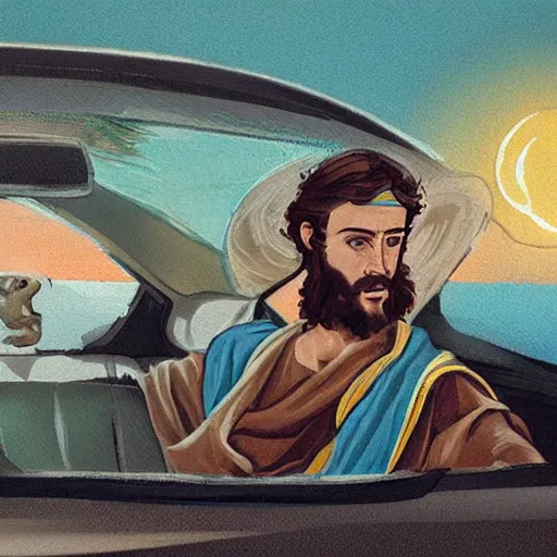 Image similar to jesus driving a car