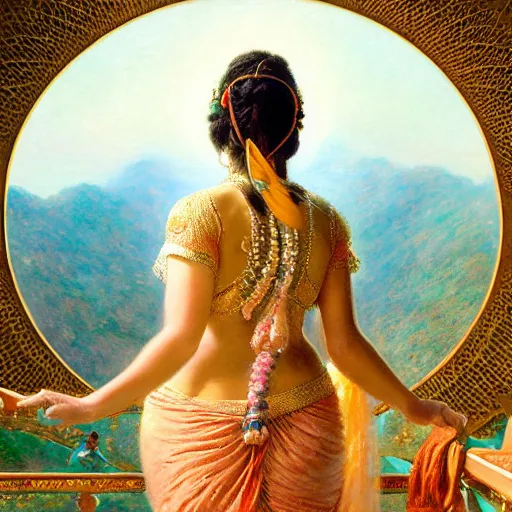 Image similar to detailed full body of hindu traditional woman blindfolded by high - tech vr headset and walking on thin bridge in sky, girl graceful,, painting by gaston bussiere, craig mullins, j. c. leyendecker, lights, art by ernst haeckel, john william godward, hammershøi,,