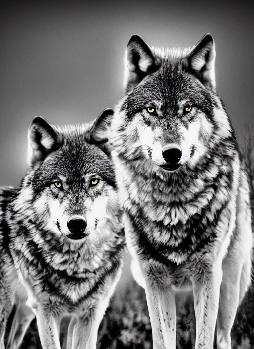 Image similar to two wolves black and white portrait white sky in background