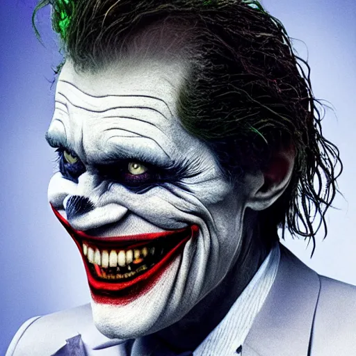 Image similar to willem dafoe as the joker, movie poster, superrealism, quality, post - production, image depth, focus, fine details, skin pores, makeup, gloomy, mysterious, hazy, 8 k