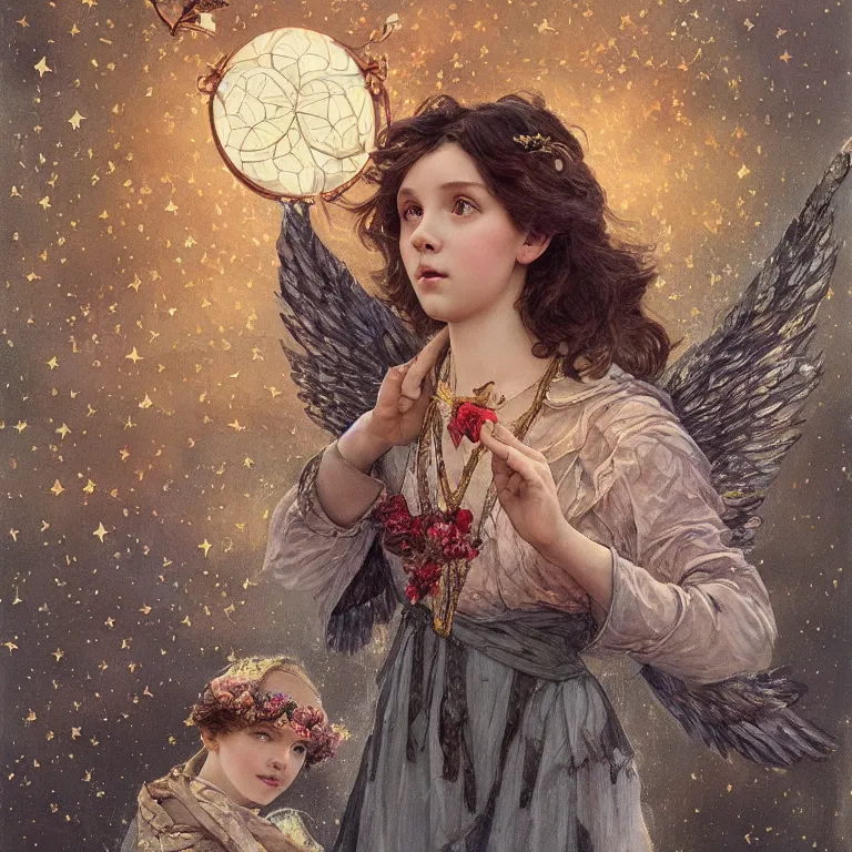 Image similar to a beautiful painting of a winged angel resembling millie bobby brown watching the lantern festival in ancient london, at night with a sky full of stars, intricate, elegant, highly detailed, digital painting, artstation, concept art, by krenz cushart and artem demura and alphonse mucha