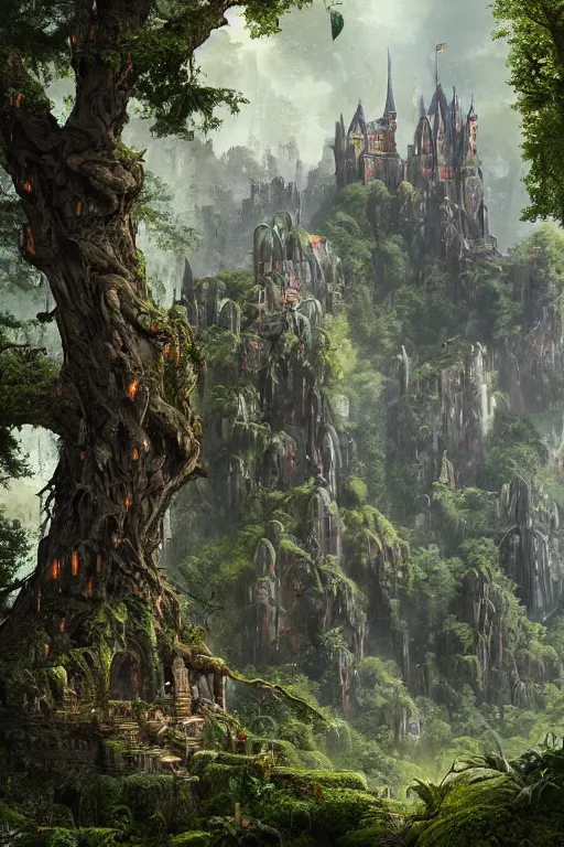 Image similar to fairy palace-castle, towers, gnarly trees, lush vegetation, forrest, landscape, raphael lacoste, eddie mendoza, alex ross, concept art, matte painting, highly detailed, rule of thirds, dynamic lighting, cinematic, detailed, denoised, centerd