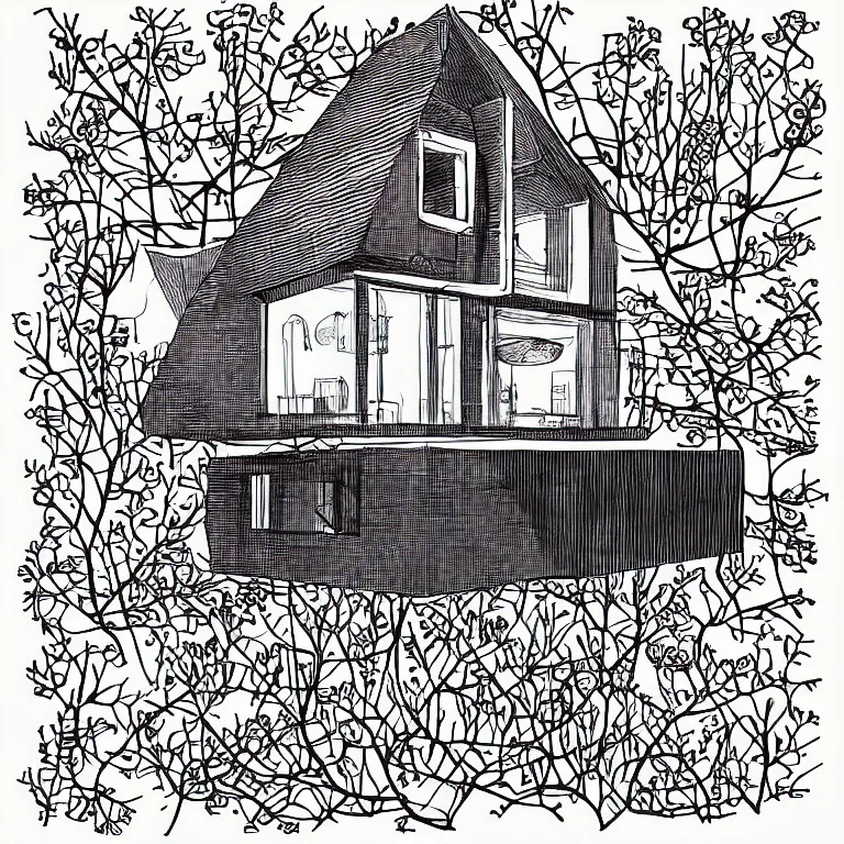 Prompt: a house floating in space, black and white, botanical illustration, black ink on white paper, bold lines, white border