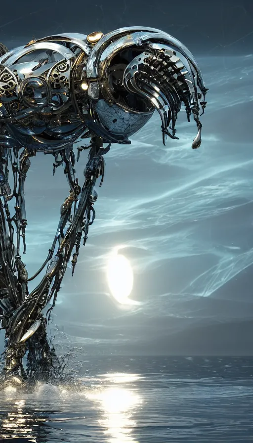 Image similar to summoning a beautiful biomechanical orca spirit from the ocean, organic and robotic, made up of metal, skin, and plastic, shiny, metallic, wet, solarpunk, post apocalyptic, hyper realistic, cinematic angle, octane render unreal engine render, 8k, super detailed, SLEEK!!!