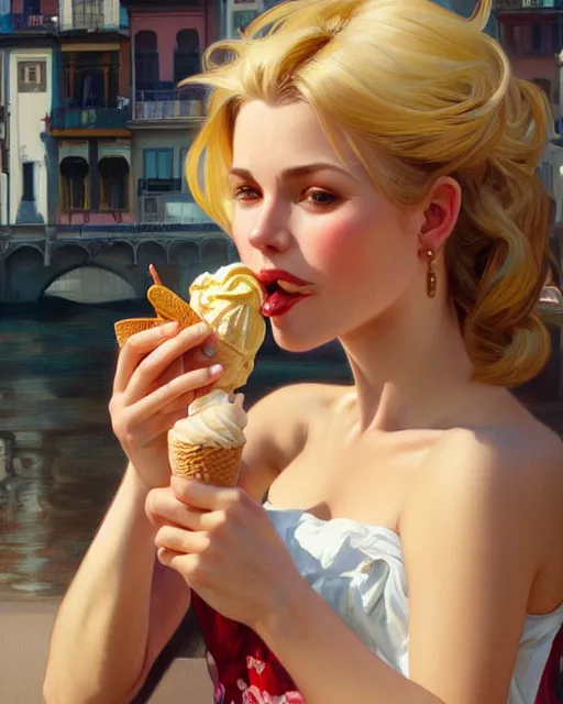 Image similar to Painting of a blonde lady eating an ice cream in Porto,real life skin, intricate, elegant, highly detailed, artstation, concept art, smooth, sharp focus, art by artgerm and greg rutkowski and alphonse mucha