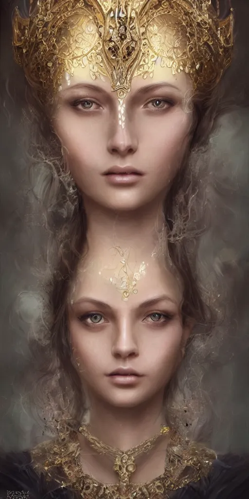 Image similar to realistic character concept, young princess with lots of jewelry in the face, elegant pose, scifi, illustration, slender symmetrical face and body, artstation, cinematic lighting, hyperdetailed, cgsociety, 8 k, high resolution, charlie bowater, tom bagshaw, single face, insanely detailed and intricate, beautiful, elegant, golden ratio, dark fractal background, vfx, postprocessing