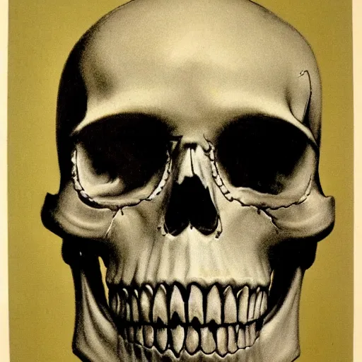 Prompt: Frontal portrait of a carved skull with ruby eyes. A portrait by Norman Rockwell.