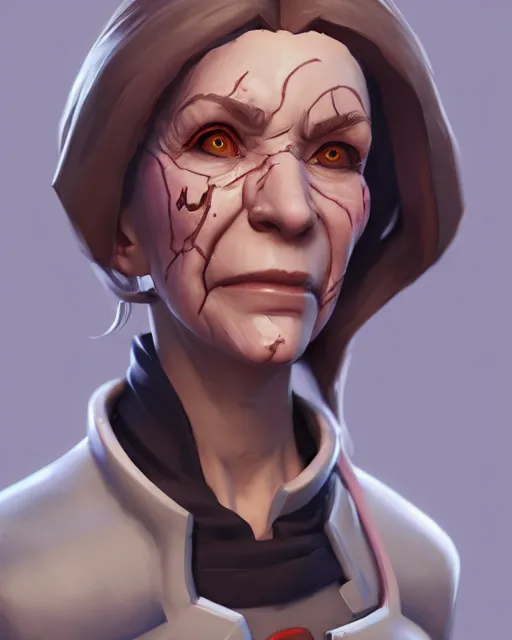 Image similar to overwatch concept art character portrait of a new character who is an elderly pale woman with a scarred face, trending on artstation, cgsociety,