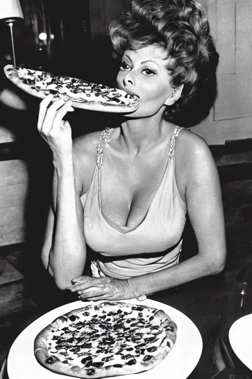 Prompt: historical photo of sophia loren eating!!! a pizza! margherita, full body, portrait photo, diffuse light, acclaimed masterpiece