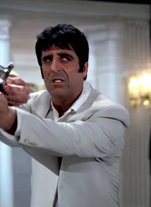 Prompt: film still of Michael Scott as Tony Montana in Scarface.