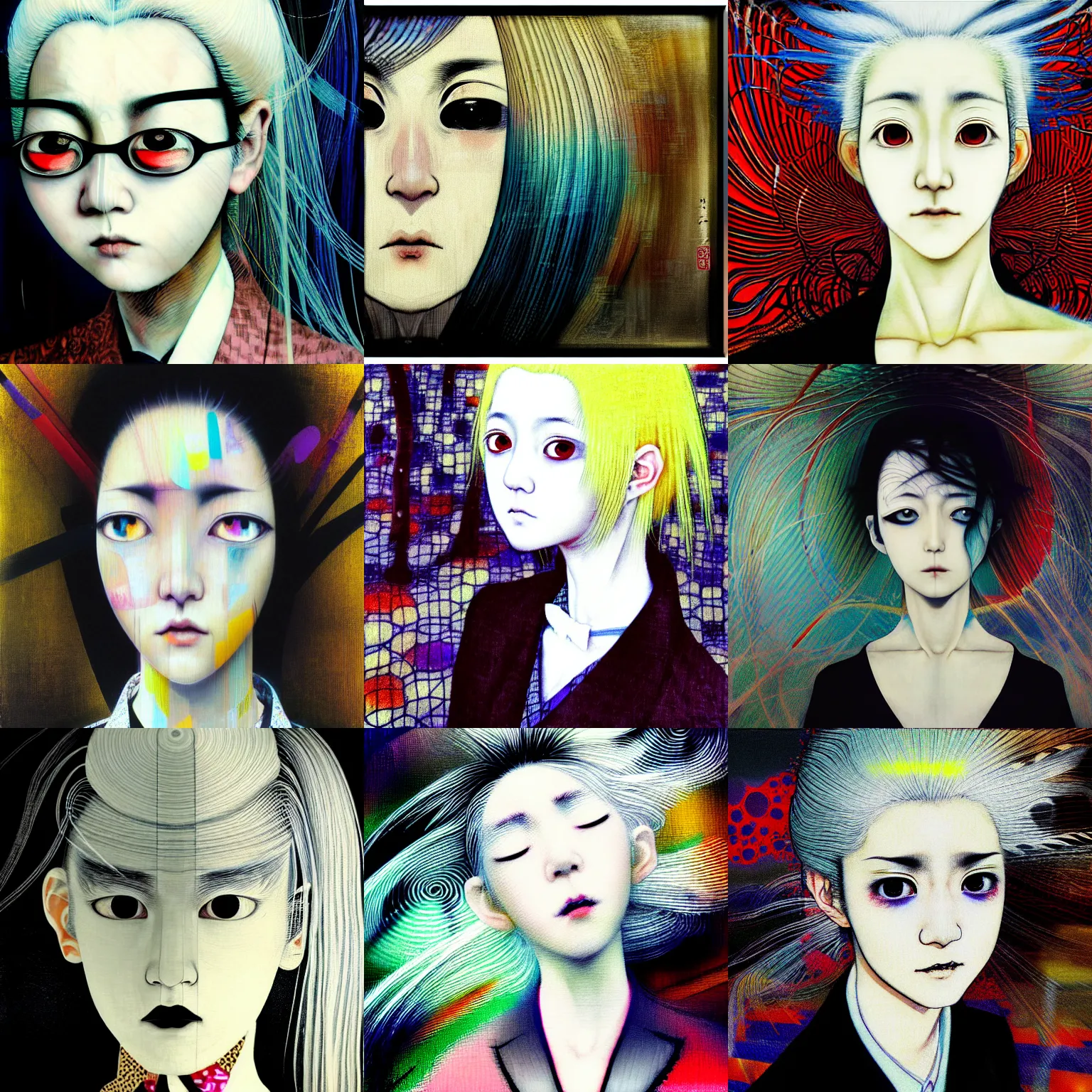 Prompt: yoshitaka amano blurred and dreamy realistic three quarter angle portrait of a young woman with white hair and black eyes wearing dress suit with tie, junji ito abstract patterns in the background, satoshi kon anime, chungking express color palette, noisy film grain effect, highly detailed, renaissance oil painting, weird portrait angle, blurred lost edges