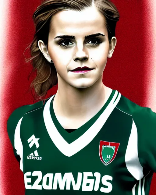 Image similar to a portrait of emma watson as a lokomotiv football player, hyper realistic, highly detailed