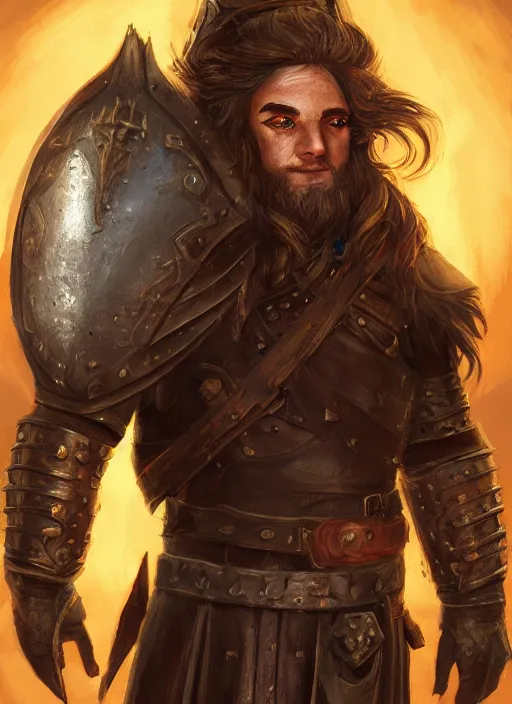 Prompt: A fantasy portrait painting of a male grim hobbit wearing leather armor in a bright castle setting, DAZ, hyperrealistic, ambient light, dynamic light, deviantart, artstation, d&d, RPG portrait, nvidia, vray