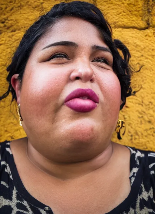 Image similar to close up portrait of a beautiful, chubby, 30-year-old woman from Cuba, happy, candid street portrait in the style of Mario Testino, award winning, Sony a7R