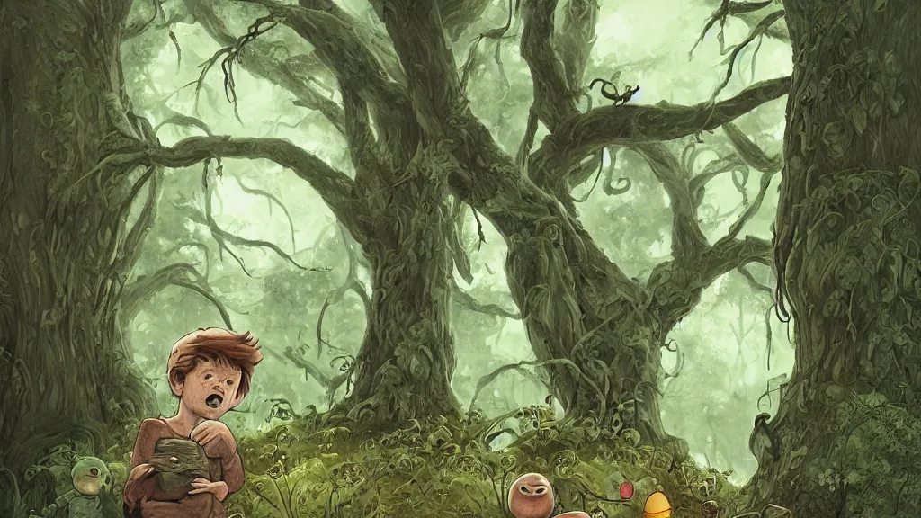 Prompt: once upon a time, there was a kid walking in a forest path, beautiful ancient trees, hiding large treasure chest, serene evening atmosphere, soft lens, soft light, by asaf hanuka, by karol bak, by tony diterlizzi, colored pencil, fine art, scary creature coming out of his mouth, green slime dripping, dark fantasy