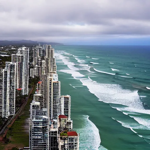Image similar to a photograph from a high rise balcony overlooking the pacific ocean, gold coast australia, rainy grey afternoon, low visibility